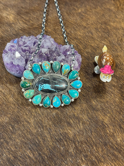 Kingman Turquoise and Black Jack Cluster Pendant