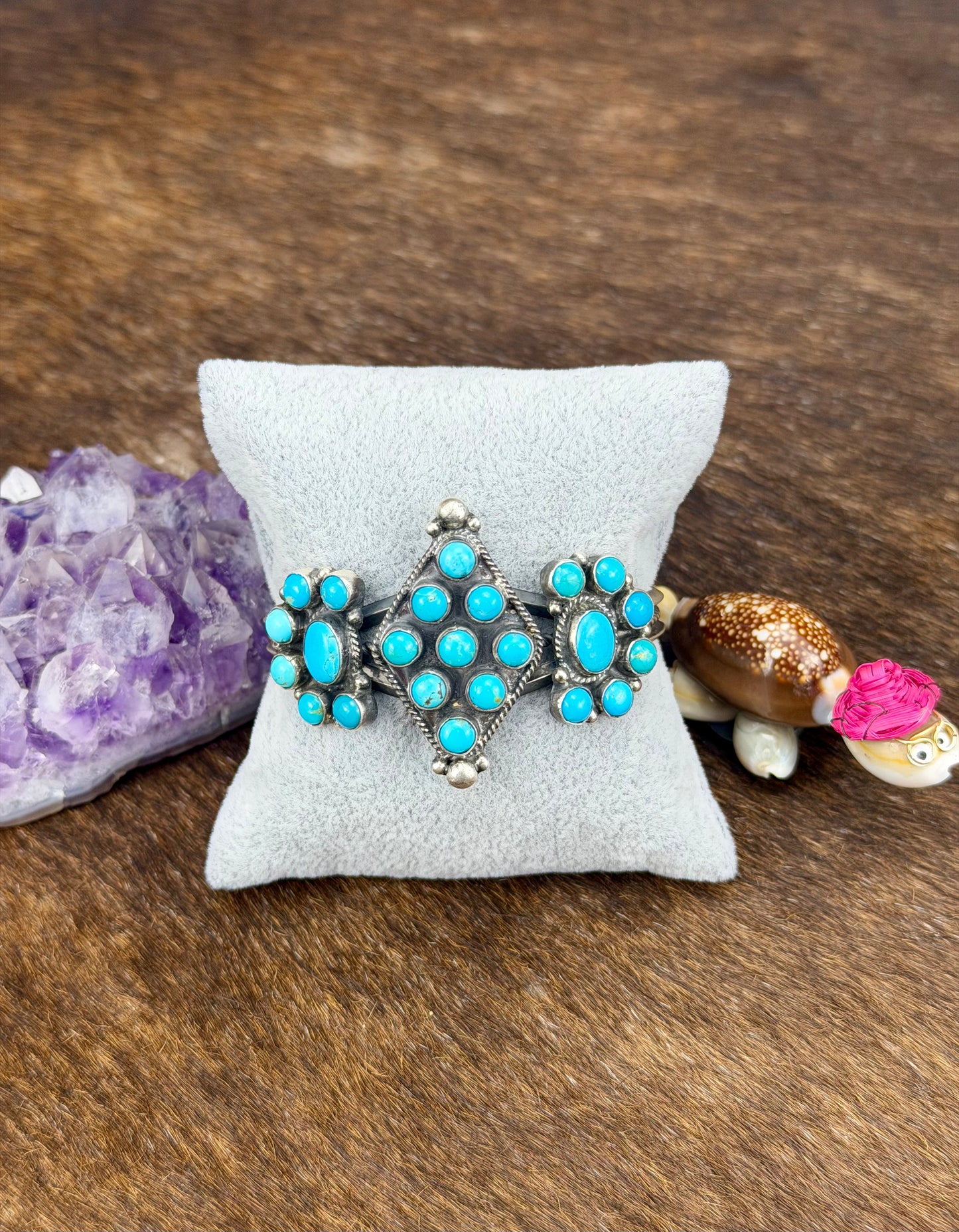 Kingman Turquoise Sterling Silver Diamond Cluster Cuff