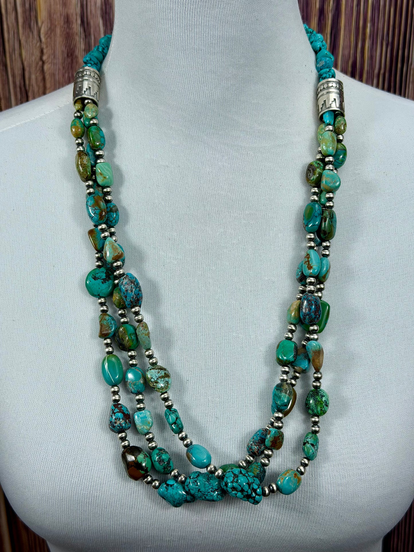 Sterling Silver and Kingman Turquoise 3 Strand Chunk Necklace