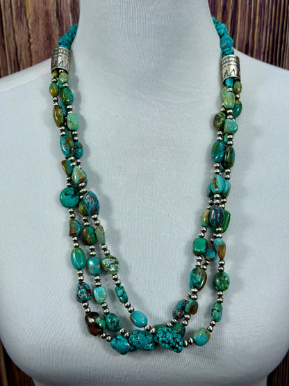 Sterling Silver and Kingman Turquoise 3 Strand Chunk Necklace