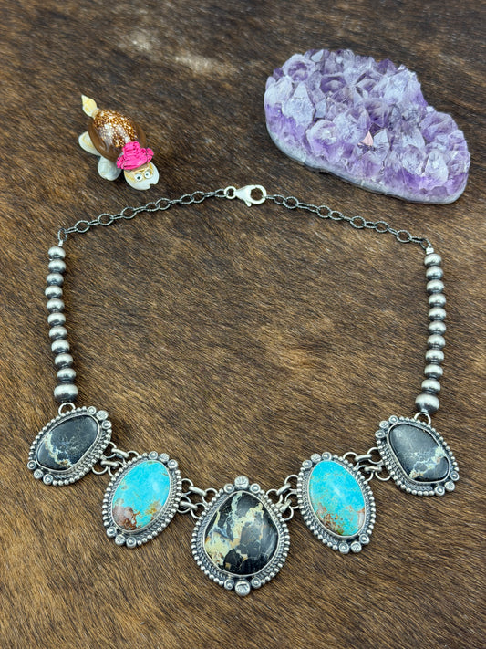 Black Jack with Kingman Turquoise and Sterling Pearl Necklace