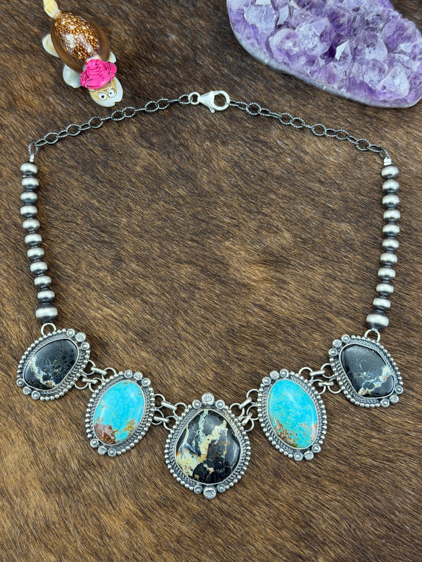 Black Jack with Kingman Turquoise and Sterling Pearl Necklace