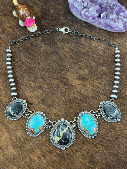 Black Jack with Kingman Turquoise and Sterling Pearl Necklace