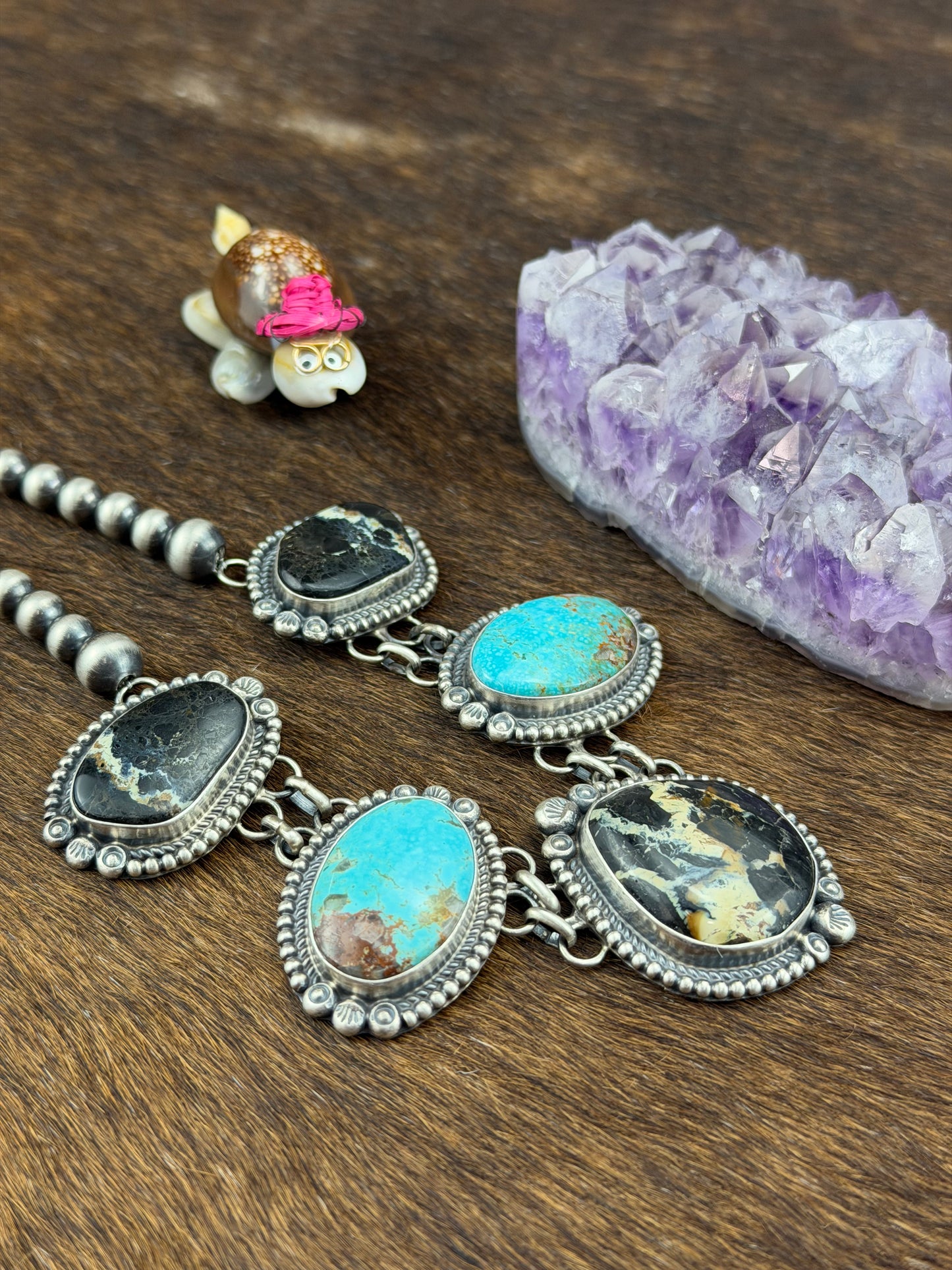 Black Jack with Kingman Turquoise and Sterling Pearl Necklace