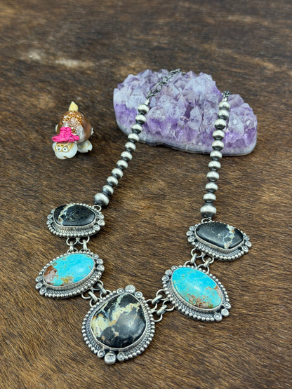 Black Jack with Kingman Turquoise and Sterling Pearl Necklace