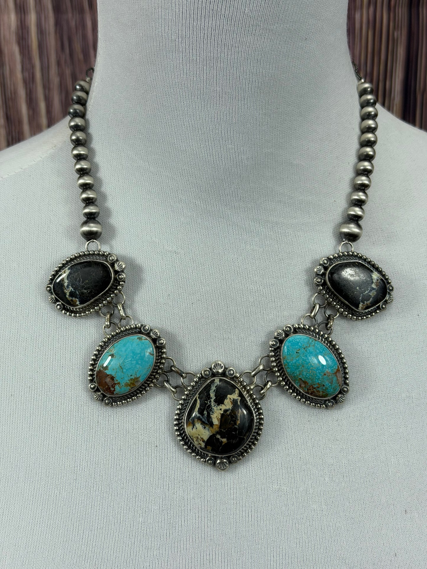 Black Jack with Kingman Turquoise and Sterling Pearl Necklace