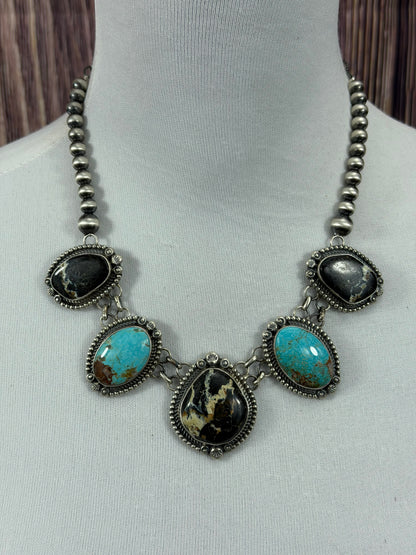 Black Jack with Kingman Turquoise and Sterling Pearl Necklace