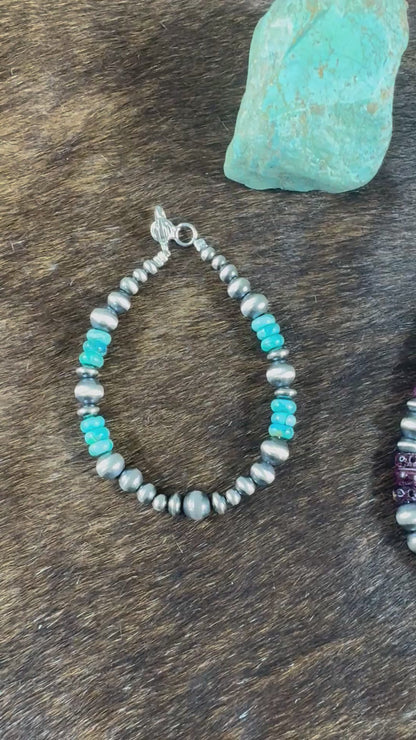 Navajo Style Pearls and Three Stone Bracelet